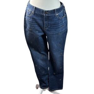 Chico’s 1.5P Embellished Stretch Straight Leg Jeans Mid Rise US 12 Petite Blue